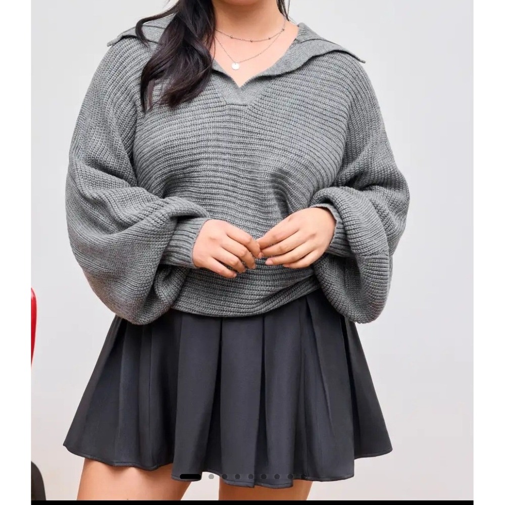 Cider Grey Oversized Split Collar Balloon Sleeve Chunky Knit Sweater 0XL NWT